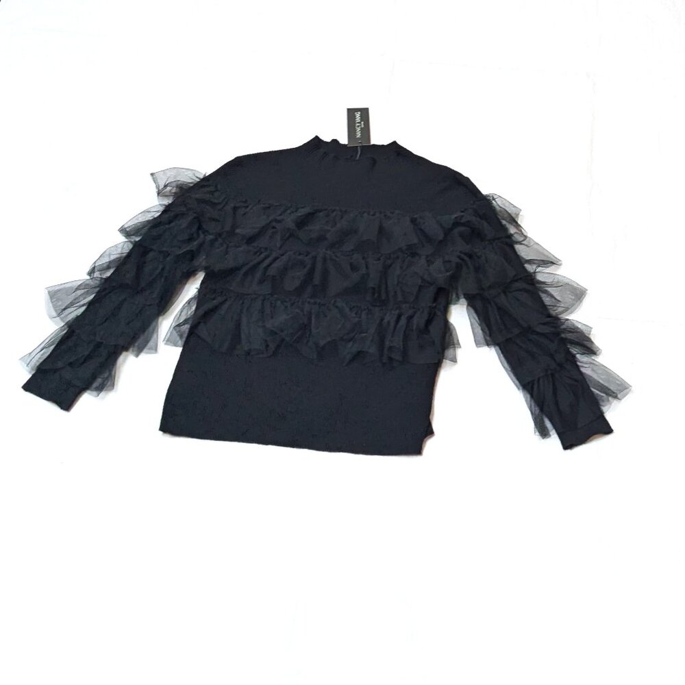 Nancy Yang Ruffle Long Sleeve Mock Neck Black Ribbed Sweater Top Size L New